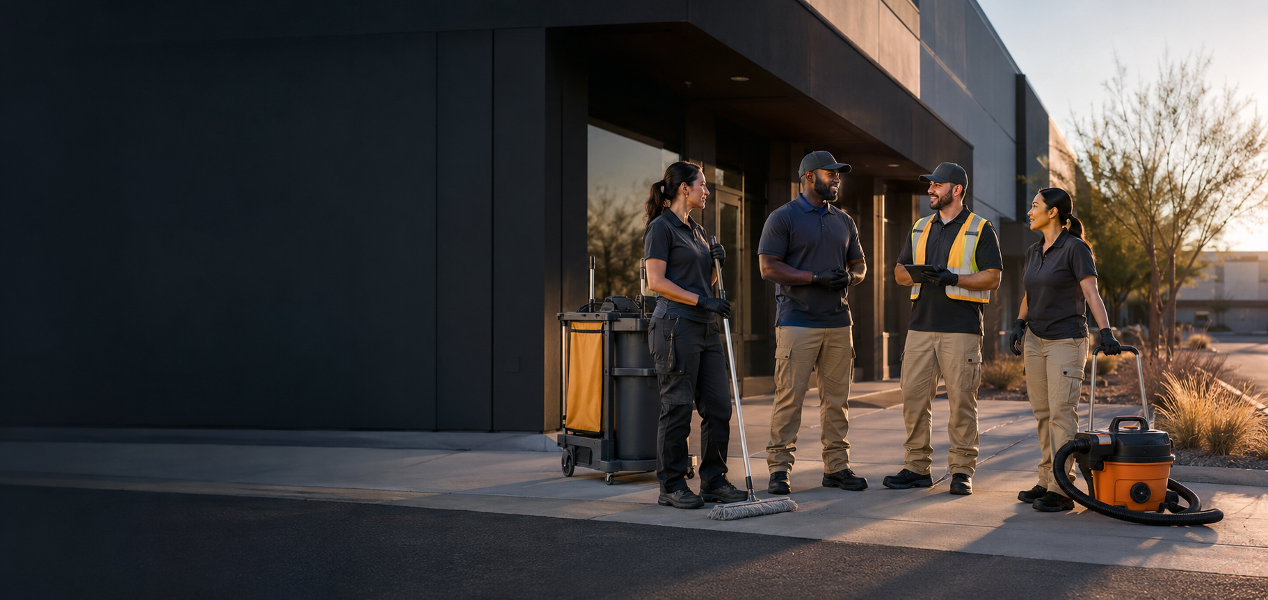 Professional facility and workforce support team outside a commercial property